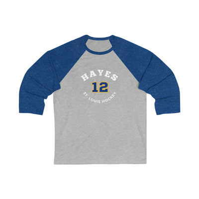 Hayes 12 St. Louis Hockey Number Arch Design Unisex Tri-Blend 3/4 Sleeve Raglan Baseball Shirt