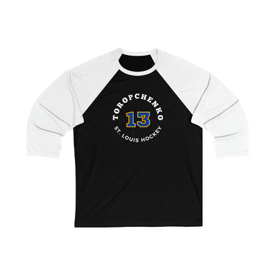 Toropchenko 13 St. Louis Hockey Number Arch Design Unisex Tri-Blend 3/4 Sleeve Raglan Baseball Shirt