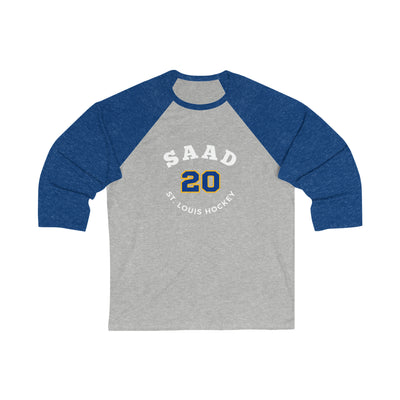 Saad 20 St. Louis Hockey Number Arch Design Unisex Tri-Blend 3/4 Sleeve Raglan Baseball Shirt